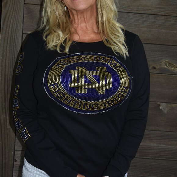 Notre Dame rhinestone bling long sleeve round neck Shirt XS S M L XL XXL1X 2… - Picture 2 of 9